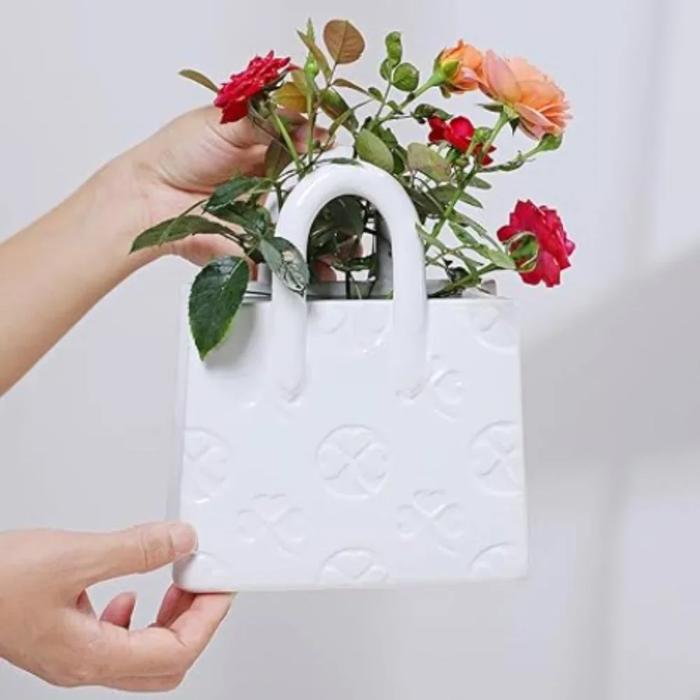 Handbag Ceramic Vase - Purse Shaped Vase w/ Clover Embossed Design